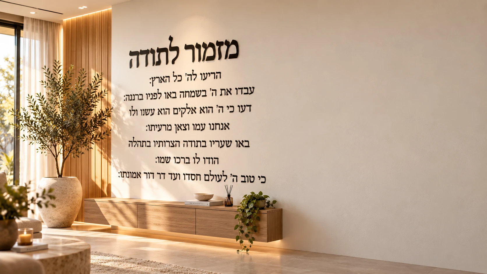מזמור לתודה באותיות אקריליק על קיר טיח בהיר