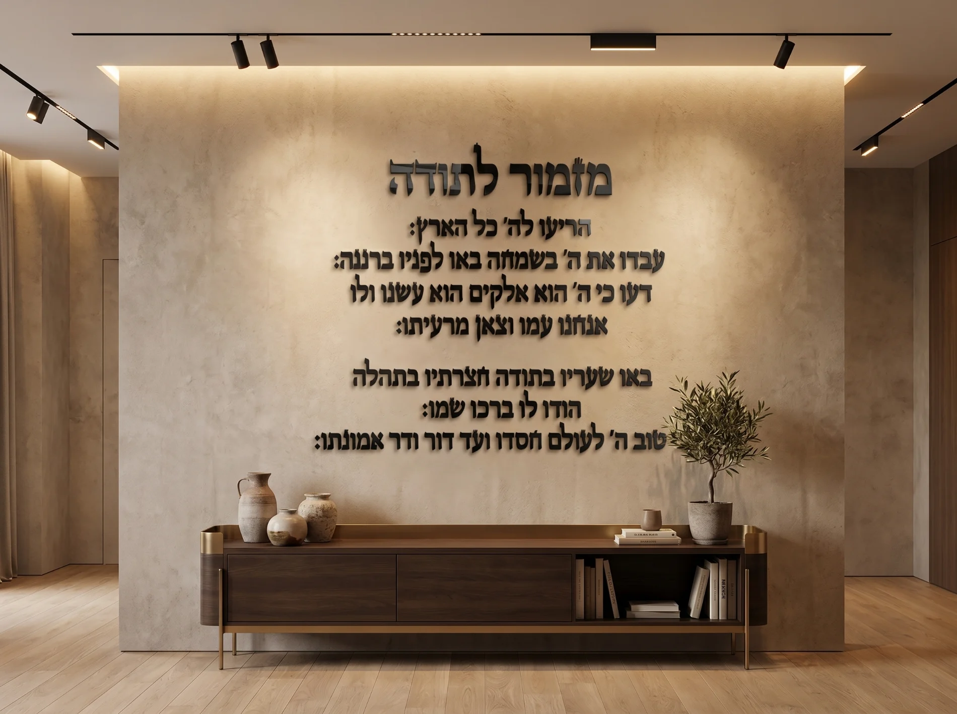 מזמור לתודה — אותיות אקריליק על קיר בסלון מעוצב
